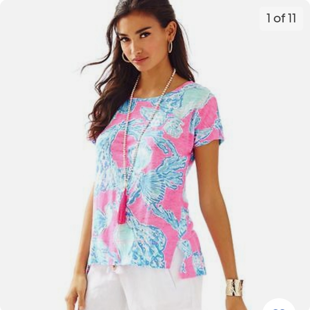 Lilly Pulitzer Mikela Linen Top Pink Blue XS